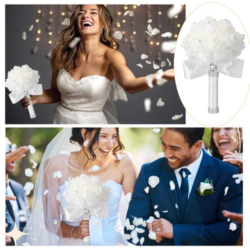 Jutom 10 Pieces Wedding Bouquets for Bride Roses Bridesmaid Bouquets for Wedding Hand Holding Bridal Bouquets for Bride Bouquet with Diamond Soft Ribbons for Engagement Church Party (White)