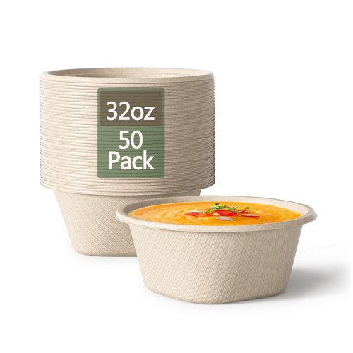 Homestockplus 32 Oz Deep Disposable Bowl, Paper Bowls Disposable Heavy Duty Compostable Bowls, Eco-friendly Sugarcane Bagasse Biodegradable Bowl for Soup, Salad, Dessert [50 Pack]