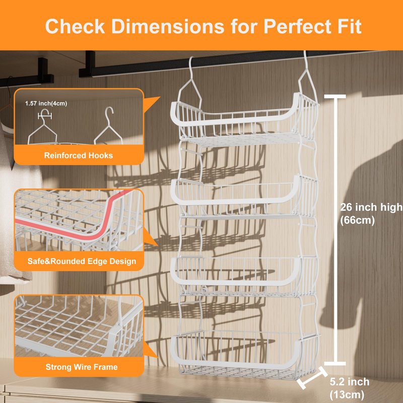 Metal Closet Hanging Organizer, 4 Tier Stackable Closet Organizers and Storage, Sturdy Clothes Hanging Shelves, Wire Storage Basket for Clothing Pants Coat Sweaters Handbags Hats, RV Pantry Organizer