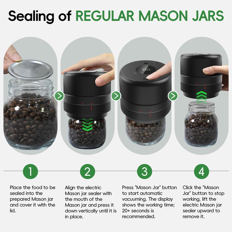 Mason Jar Vacuum Sealer Kit, Electric Sealer for Wide and Regular Mouth Mason Lids, Canning Vacuum Sealer Mason Jar, Automatic Vacuum Sealer Machine for Food Storage - 2 Packs