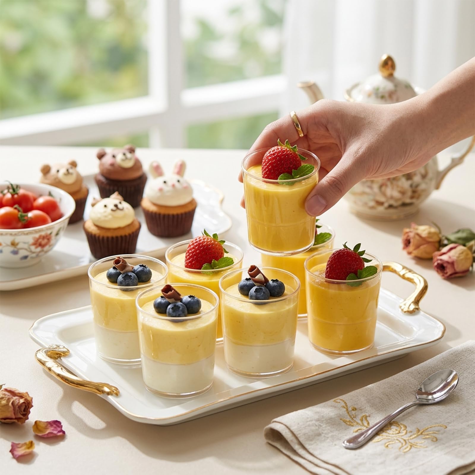 Okllen 100 Pack Mini Dessert Cups with Spoons, 3 Oz Round Shot Cups Plastic Dessert Shooters, Appetizer Parfait Cups Shot Glasses for Chocolate Desserts, Ice Cream, Puddings, Tasting Party