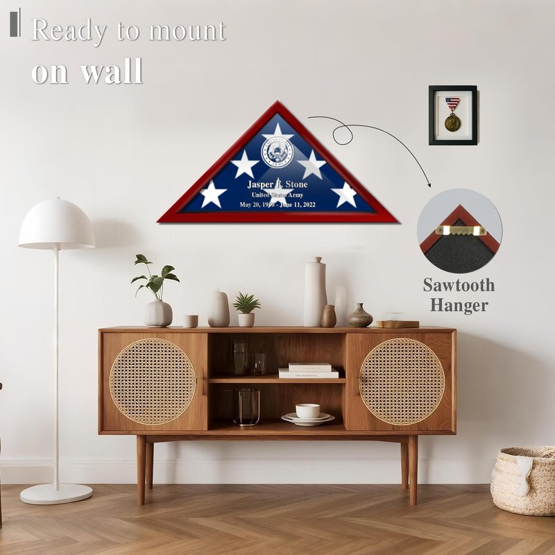ELEDUME DIY Flag Display Case for 5*9.5’ Folded Burial Flag, Tempered Glass Front Military Shadow Box, Solid Wood Memorial Flag Frame Display case for American Veteran, Custom Letters and Logos