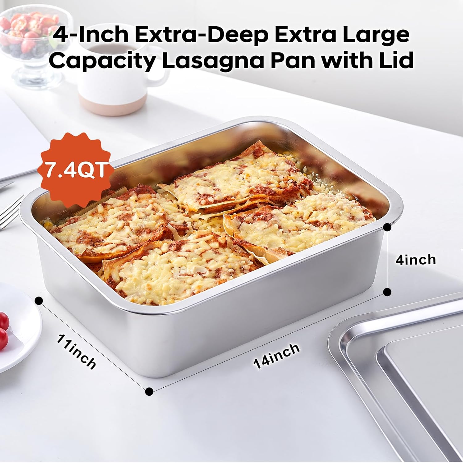 Skiennix 4 Inch Extra Deep Lasagna Baking Pan - 11x14 Inch Nonstick Stainless Steel with Lid | 7.4QT Capacity
