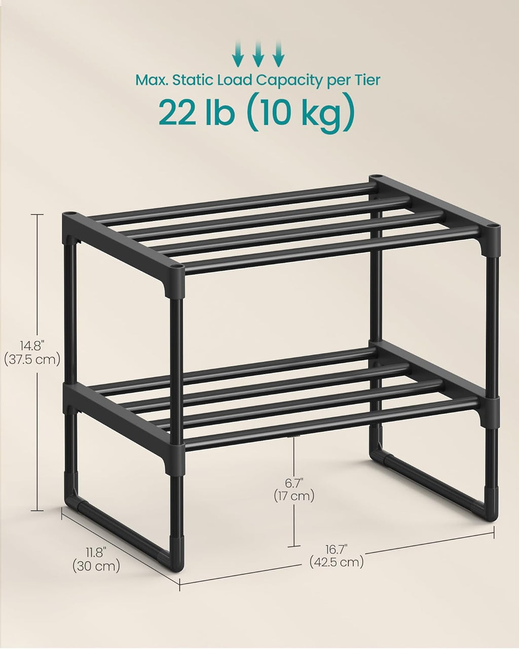 SONGMICS 2-Tier Shoe Rack - Stackable Metal Organizer for 3-6 Pairs | Versatile Entryway Storage, Black 11.8 x 16.7 x 14.8 Inches
