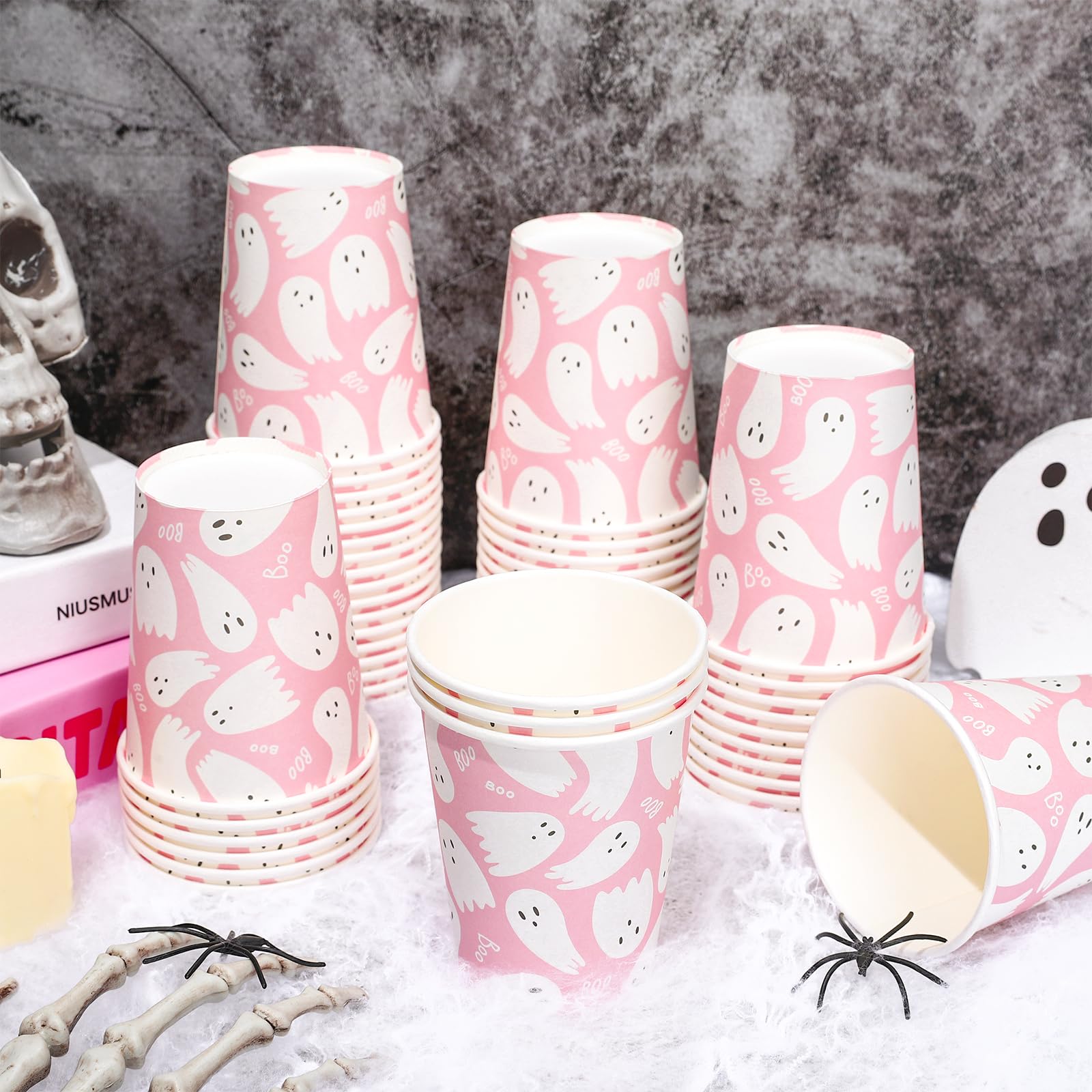 Whaline 50Pcs Halloween Ghost Paper Cups Cute Pink White Ghost Disposable Cups Halloween Party Cups for Cold Hot Coffee Drink Table Decor Supplies, 9 Oz