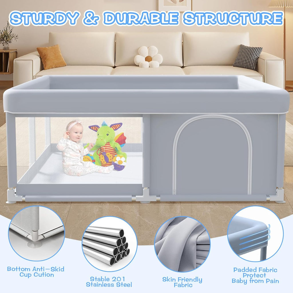 XVISHX Baby Playpen - 50 x 50 Inch Indoor & Outdoor Playard with Soft Breathable Mesh - Grey