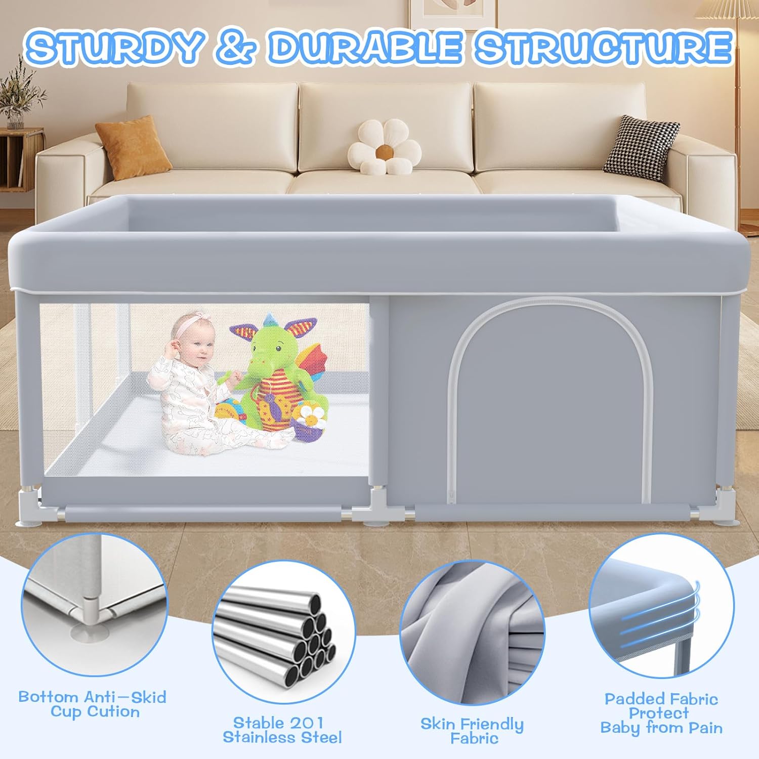 XVISHX Baby Playpen - 50 x 50 Inch Indoor & Outdoor Playard with Soft Breathable Mesh - Grey