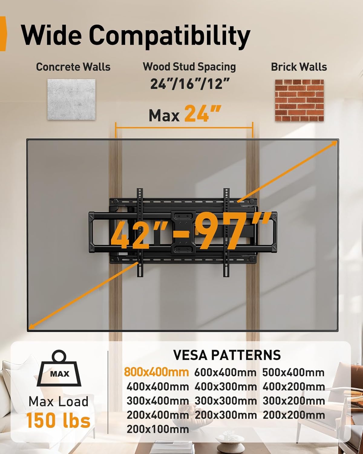 Perlegear Long Arm Full Motion TV Wall Mount - Fits 42–97 Inch TVs Up to 150 lbs | Full Swivel, Tilt & Extension