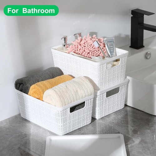 6 Pack Plastic Storage Baskets by [Brand Name] - White Stackable Bins with Lids for Organizing Desktops & Closets