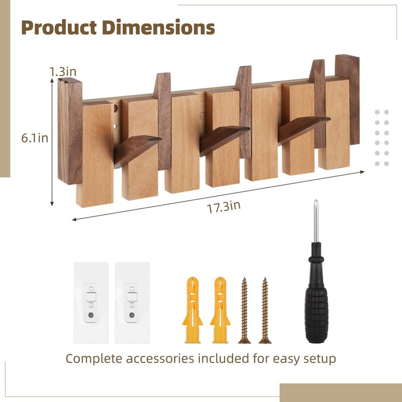 OMISTAR Wooden Coat Rack Wall Mounted, Piano Wall Coat Rack with 6 Hooks, Entryway Wall Hook for Hats, Keys, Towels, Bags, Home Decor