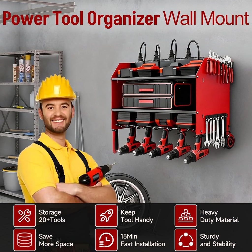 Power Tool Organizer - Heavy Duty Wall Mount Storage Rack with Charging Station & 4 Drill Holders | Ideal for Garage & Workshop