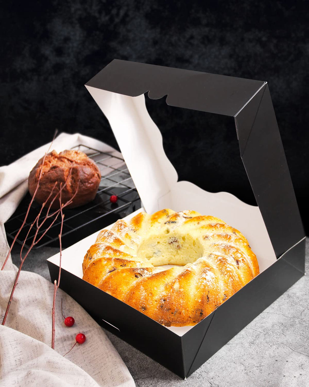 qiqee Auto-pop Up Black Pie Boxes with Window 24Packs 12x12x3 Inch Cookie Donut Bakery Box