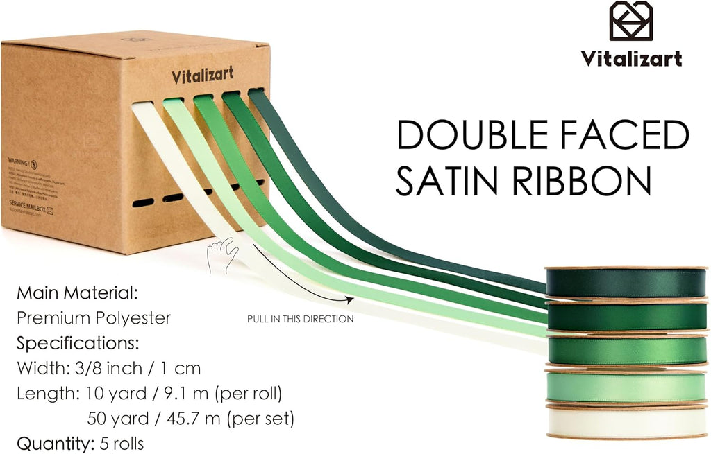 Vitalizart Satin Ribbon - Green & Cream Double-Faced 3/8" x 50 Yd for Gift Wrapping & Crafts