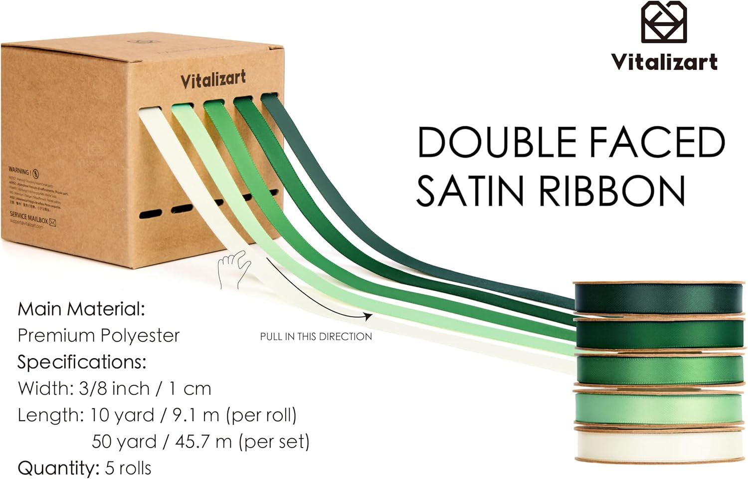 Vitalizart Satin Ribbon - Green & Cream Double-Faced 3/8" x 50 Yd for Gift Wrapping & Crafts