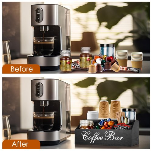 MISTOD Coffee Station Organizer Pods Holder for Counter, Farmhouse Wood Coffee Bar Accessories and Tea Condiment Basket Storage Organizer Decor