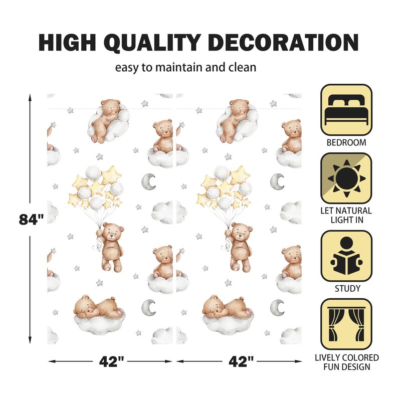 Yilinata Bear Themed Curtains for Kids Boys Girls Kawaii Sleeping Bears Cloud Balloon Nursery Toddler Rod Pocket Drapes Home Living Room Baby Bedroom Decor Durable Fabric 84 in X 84 in