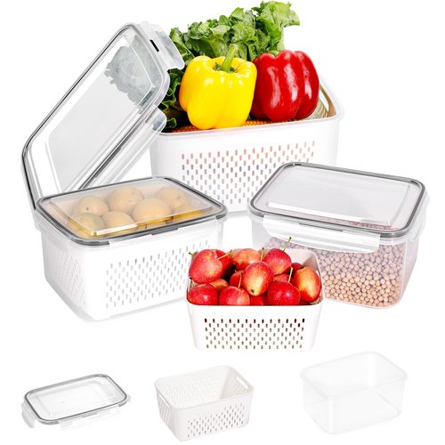 Aagglly 15 PCS Fruit Storage Containers for Fridge with 5 Airtight Lids,5 Removable Colander,5 Food Storage Container,Produce Saver Container Dishwasher Safe Keep Berry Fruit Vegetable Fresh Longer
