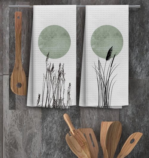 TNUW Boho Sage Green Moon Kitchen Towels 16x24In Set of 2, Bohemian Dish Towels, Sage Green Decorative Hand Towels for Boho Bathroom, Abstract Painting Hand Tea Towels for Boho Kitchen Bathroom Decor