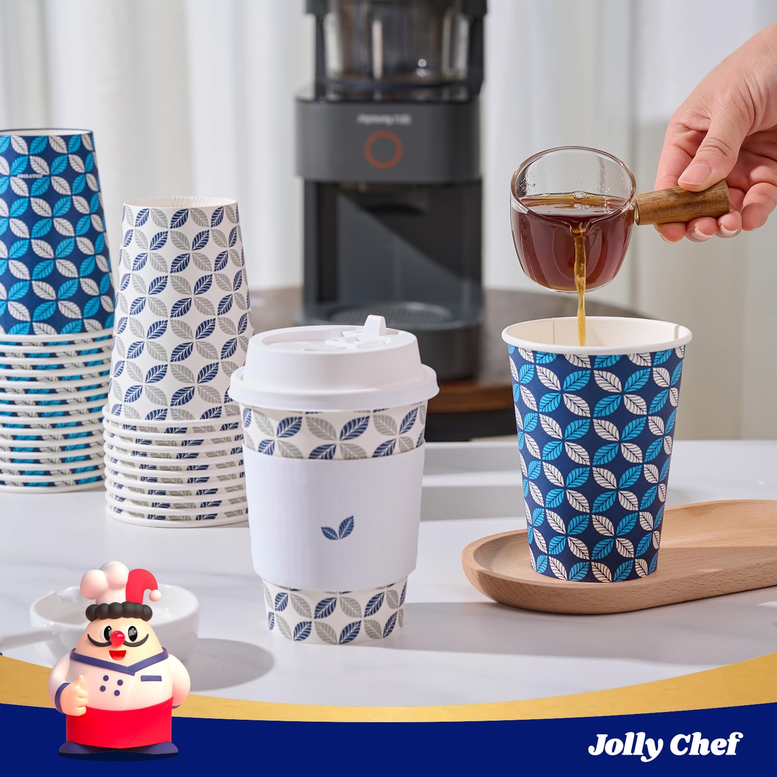 JOLLY CHEF 12oz Paper Coffee Cups 100 Pack, Disposable To Go Coffee Cups with Lids, Sleeves and Stirrers for Christmas
