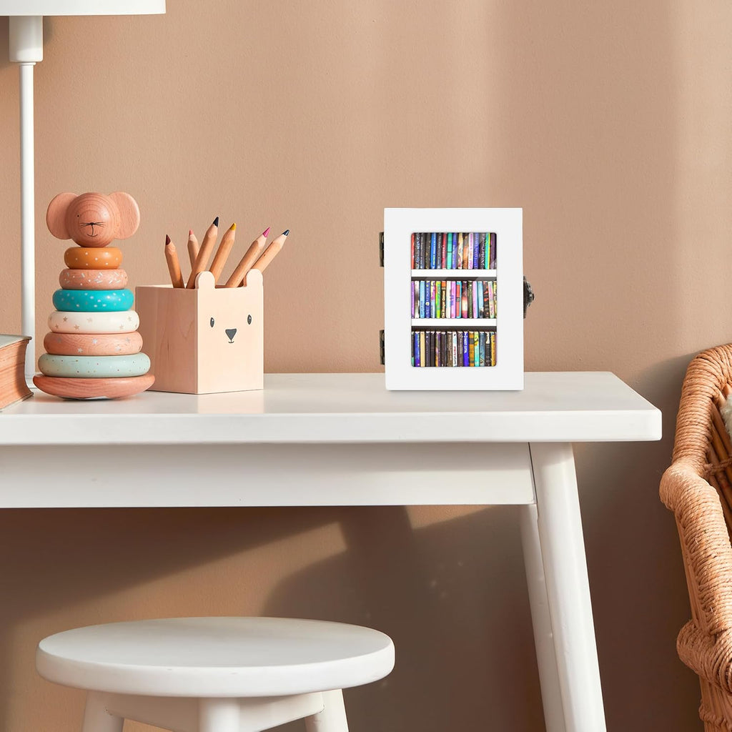 Skiennix Mini Bookshelf | 60PCS Wooden Miniature Book Library for Stress Relief - White Decor Gift