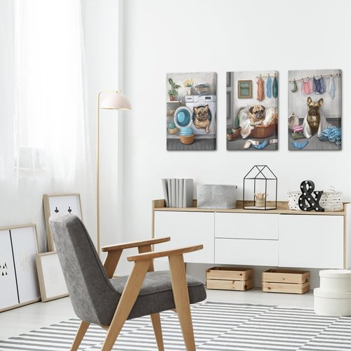 Conipit Laundry Room Canvas Wall Art Funny Dog Painting Prints Artwork Decor for Laundromat Dry Cleaning Store Framed (Medium, grey)