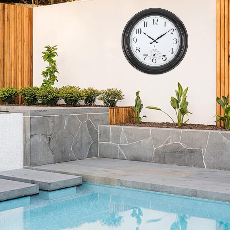 Aurowit Atomic Outdoor Wall Clock 18 Inch Sealed Outdoor Waterproof Clock with Temperature, Auto-Set Time, Easy to Read - Large Patio, Pool Clock for Outside, Backyard, Garden