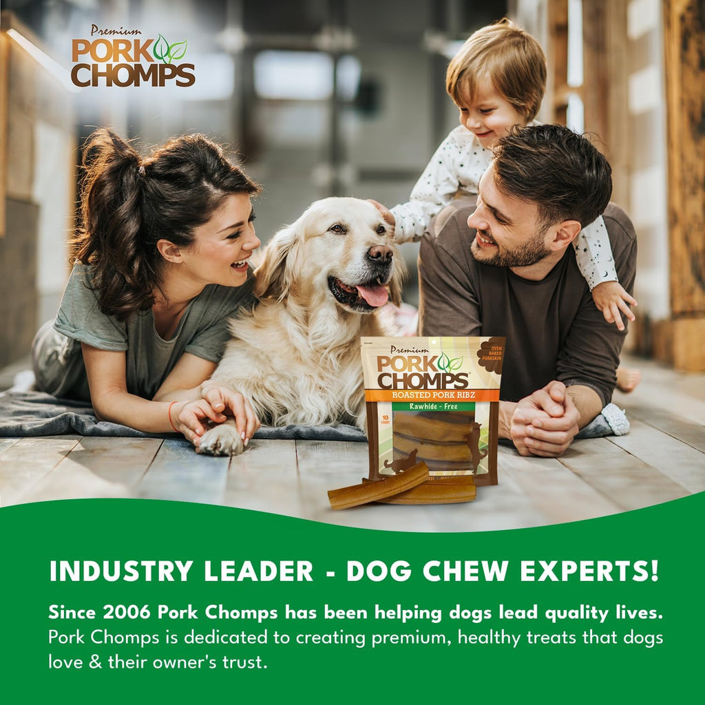 Pork Chomps Roasted Pork Skin Dog Chews - Long-Lasting, High Protein Treats | 6 Inch Rib Shapes, 10 Count