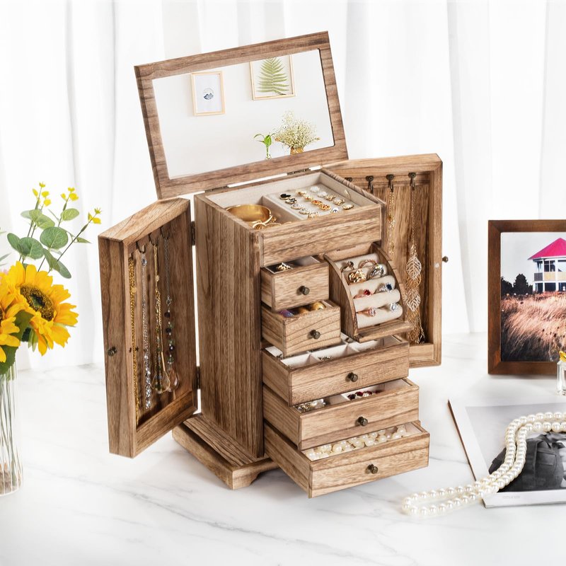 Yoimori Jewelry Box for Women, Rustic Wooden Jewelry Boxes & Organizers with Mirror & Drawers,6 Layer Jewelry Organizer Box for Rings Earrings Necklaces Bracelets (Carbonized Black)