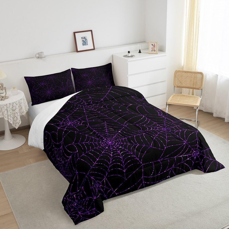 Spider Web Comforter Set Queen Size Geometric Purple Glitter Lines Bedding Set 3Pcs Halloween Quilt Set for Kids Girls Boys Women Room Decor Exotic Hippie Black Duvet Insert,2 Pillowcases