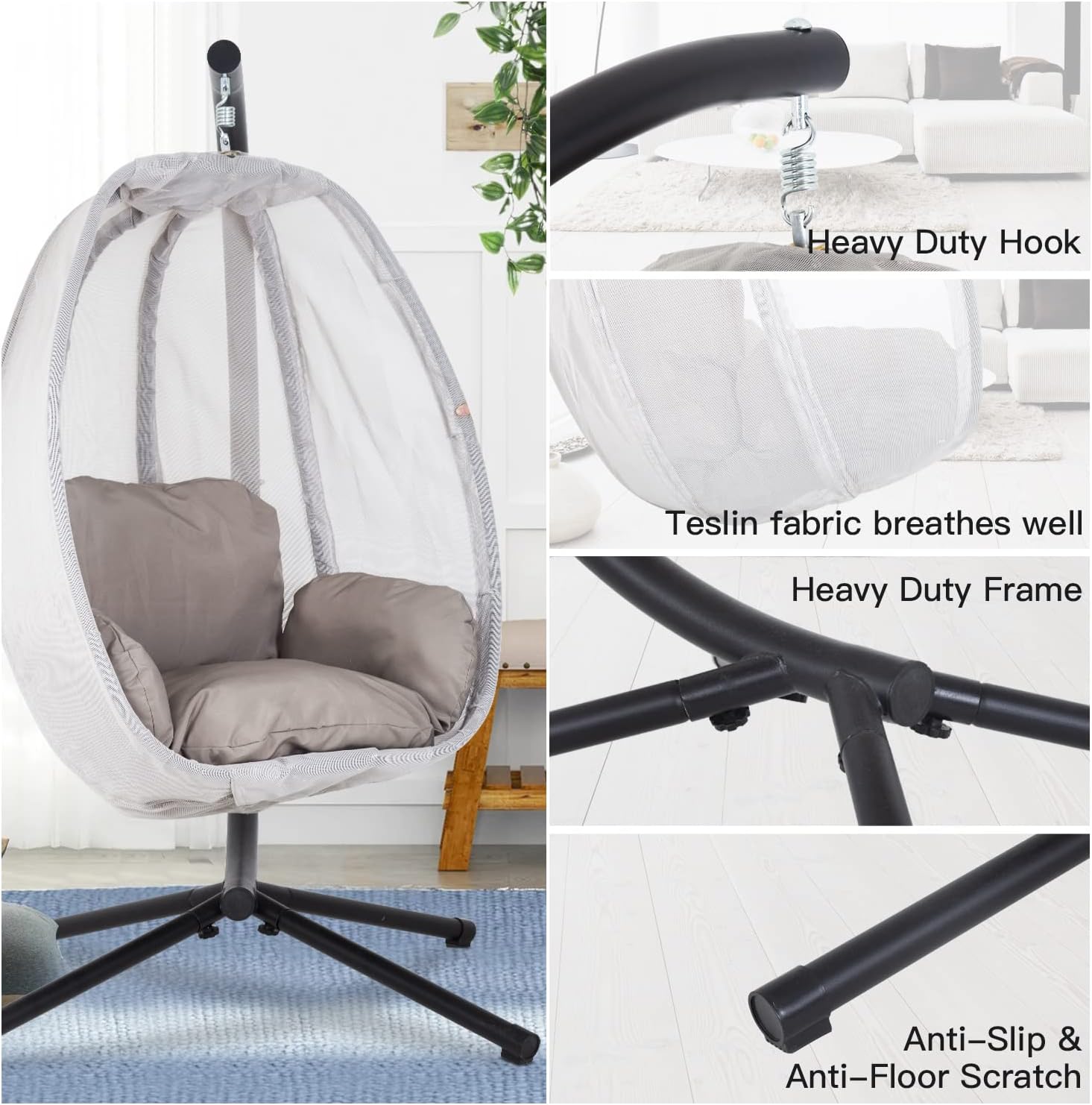 Skiennix Swing Egg Chair - Comfortable Hammock Chair with Metal Stand & Cushion | 400LBS Capacity, Gray