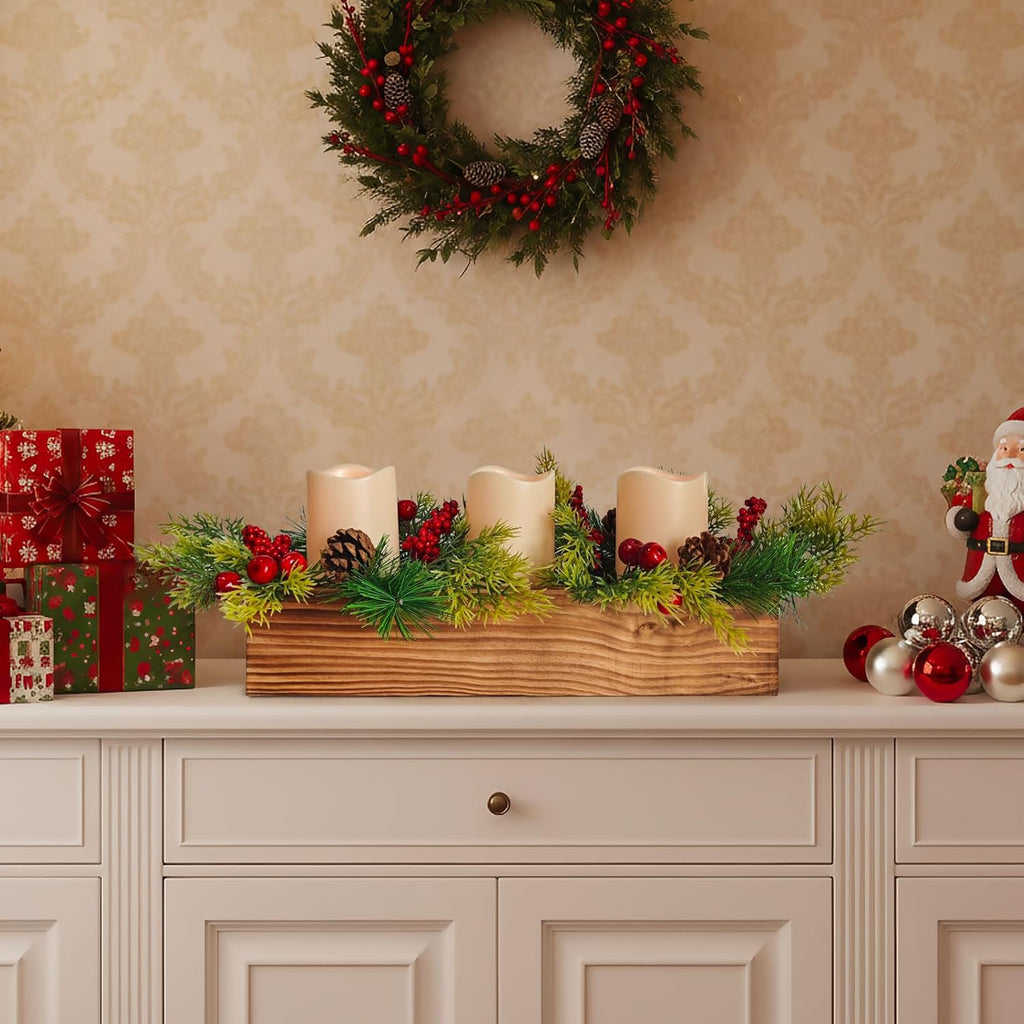 Rustic Wood Candle Holders | Christmas Table Centerpieces with 3 Flameless LED Candles & Pine Cones