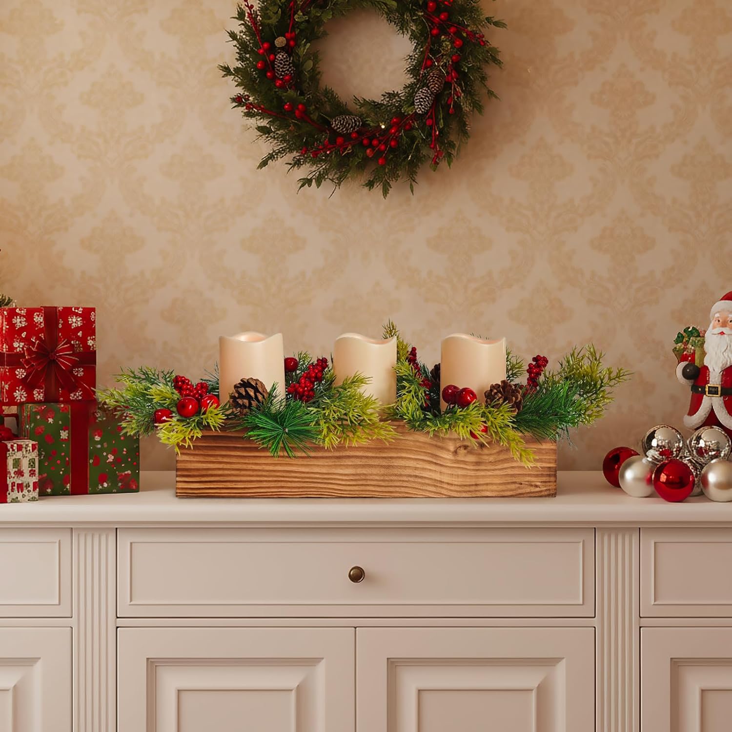 Rustic Wood Candle Holders | Christmas Table Centerpieces with 3 Flameless LED Candles & Pine Cones