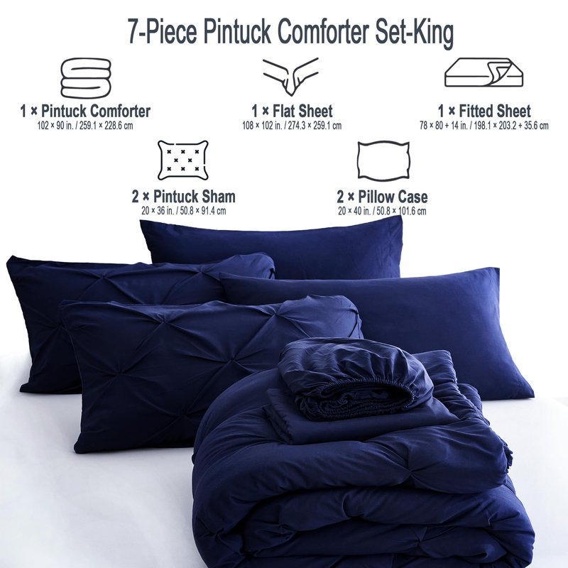 Ubauba 7pc Dark Blue King Comforter Set with Sheets, 7 Piece Pinch Pleating Bed in a Bag Royal Blue Bedding Comforters & Sets, Soft Fluffy Pintuck Bed Set (Navy,King)