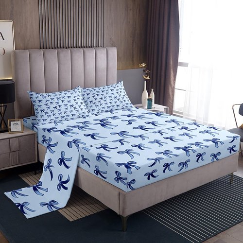 Erosebridal Bowknot Twin Size Sheet Sets 3pcs, Kawaii Simple Bows Microfiber Bed Sheets Set, Cute Cartoon Dreamy Printed Kids Teens Bed Set for Bedroom, Baby Blue Ribbon Bedroom Decor Bedding Set