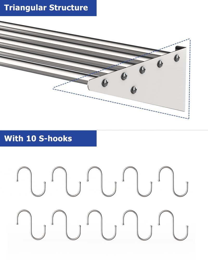 RIEDHOFF Metal Kitchen Rack for Storage and Organization, [NSF Certified] 12" x 36" Stainless Steel Wall Mount Shelf with 10 S Hooks for Hanging Pots, Pans, Cookware in Home and Restaurant