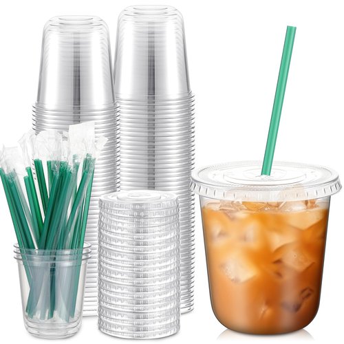 Baderke 50 Sets Clear Plastic Cups with Lids and Straws Disposable Plastic Iced Coffee Cups for Cold Beverage Juice Smoothie Coffee and Party Catering (12 oz)