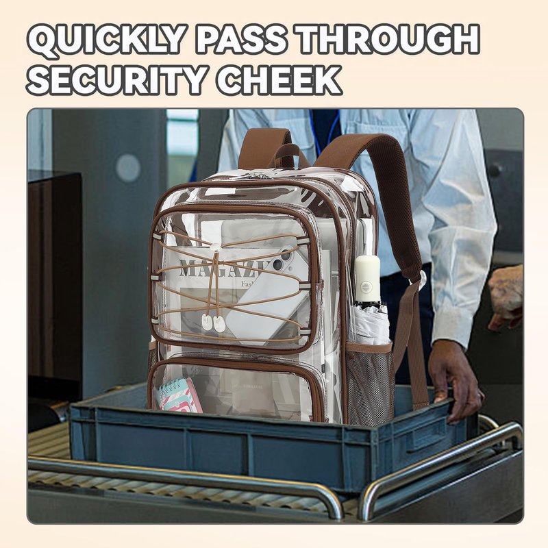 Yusudan Clear Backpack for Girls Women, Heavy Duty Transparent School Backpacks See Through PVC Bookbag for College Work Security Travel (Coffee)