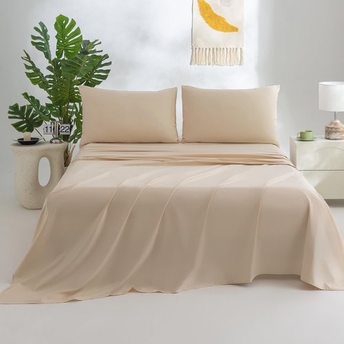 Jessrydo 100% Cotton Sheets King Size Sheets Deep Pocket Fits 18"-24" Mattress Luxury Soft Breathable Cooling Beige Cotton King Sheet Set 4 Pieces Cotton Bed Sheets