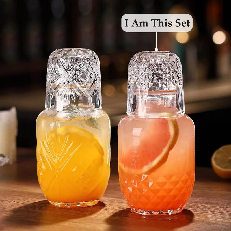 Bedside Water Carafe and Glass Set, Mfacoy 17 OZ Glasses Pitcher & 5 OZ Cup, Bedside Night Carafe Pitchers and Water Glass Tumbler Set, Vintage Glass Water Pitcher with Cup Set for Bedroom
