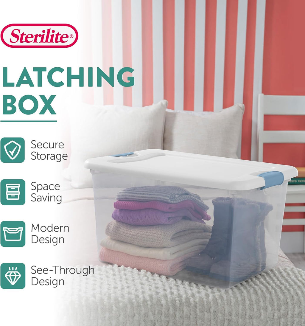 Sterilite 64 Quart Latching Storage Bins - Clear Plastic Organizer with White Lids for Home & Dorm
