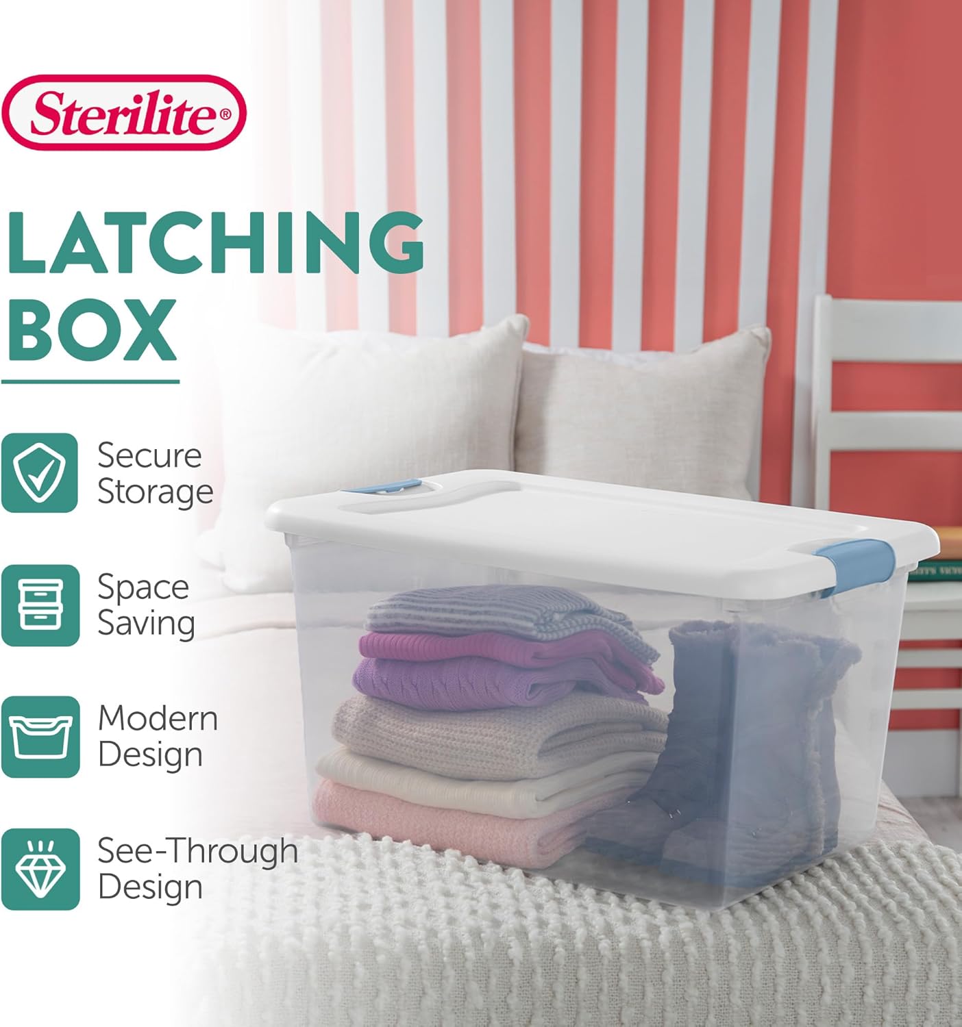 Sterilite 64 Quart Latching Storage Bins - Clear Plastic Organizer with White Lids for Home & Dorm