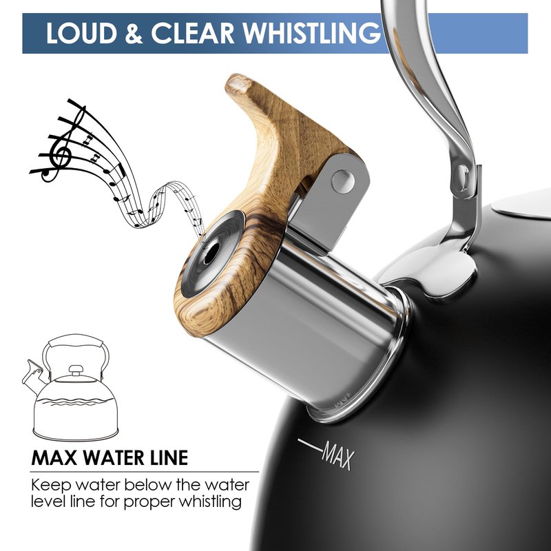 Chefbar 4.2 Quart Tea Kettle Stovetop Whistling for Stove Top Food Grade Stainless Steel Tea Kettles with Cool Wood Pattern Handle Black
