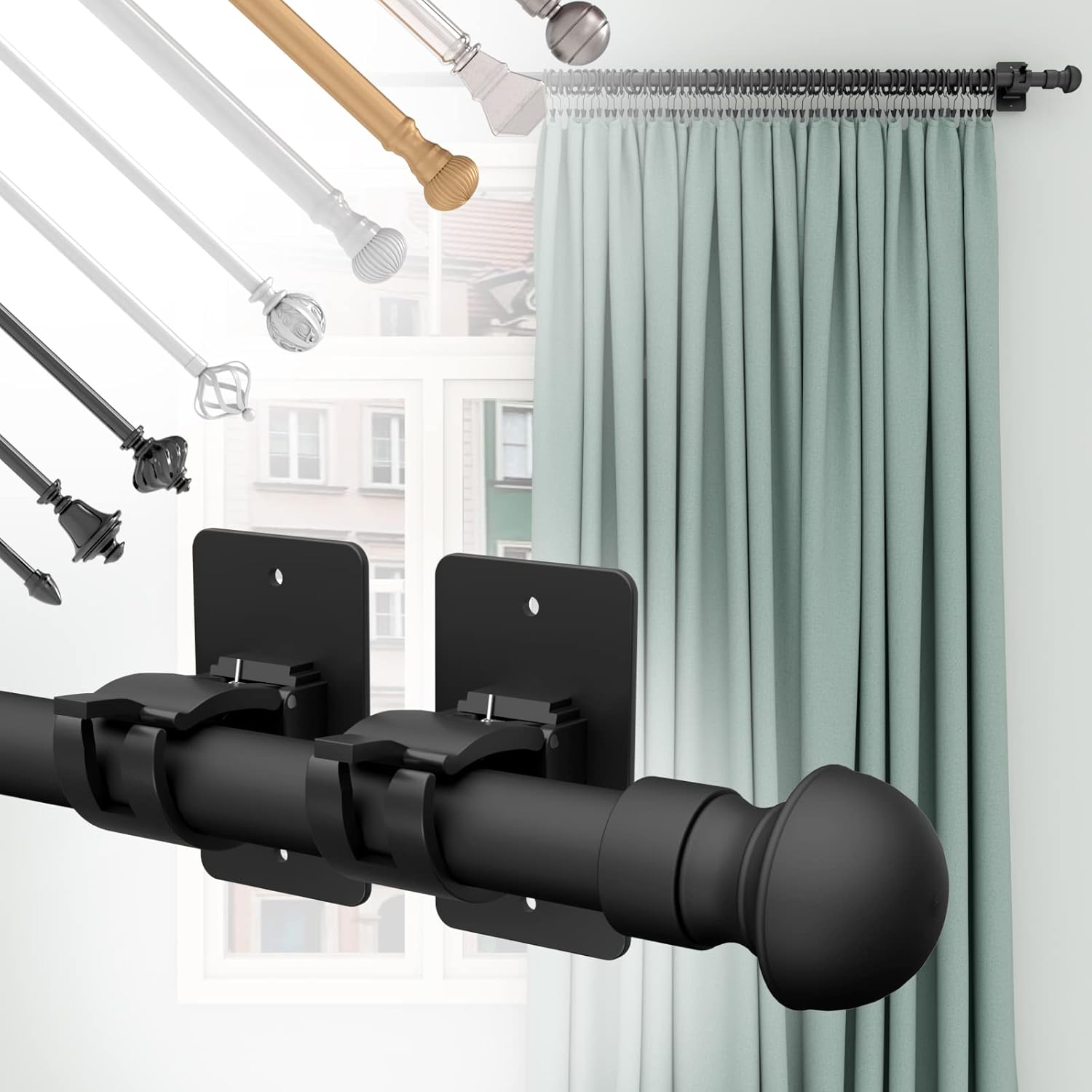 Skiennix Self-Adhesive Curtain Rod Brackets - No Drill, Universal Holders for Home | Black, 2 Pieces