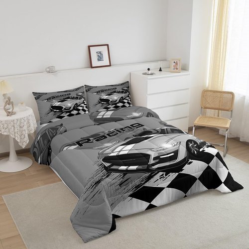 Erosebridal Racing Comforter Set Twin Size,Extreme Sports Race Car Bedding for Boys Kids,Race Sports Car Competition Cool Speed Bedding Comforter Sets,1 Duvet Insert 1 Pillowcase - 2 Pieces(Grey)