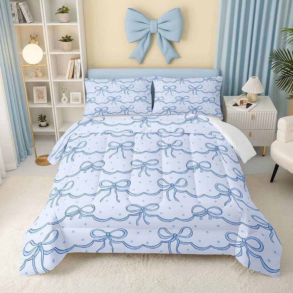 QOOMO 3Pcs Bow Comforter Set Full,Blue Bow Bedding Set for Teens Boys Girls,Blue Bow Dots Printed Comforter with 2 Pillowcases,Down Alternative,Soft and Lightweight