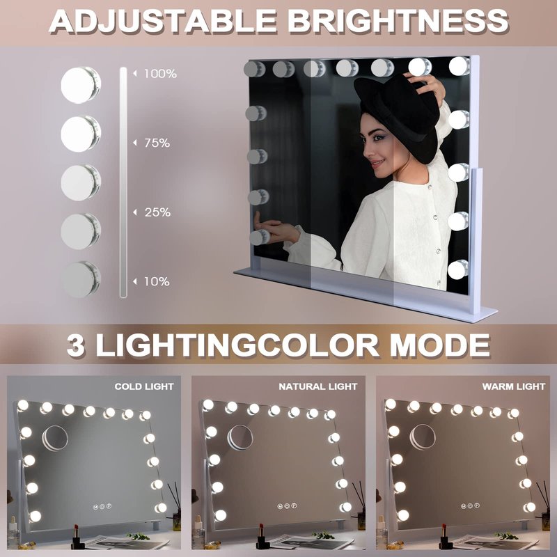 Fenair Tabletop Mount Rotating Hollywood Vanity Mirror with Lights Makeup Mirror with Lighting and USB Charge Port for Bedroom Dressing Room, 15 Dimmable Bulbs, 360° Rotation