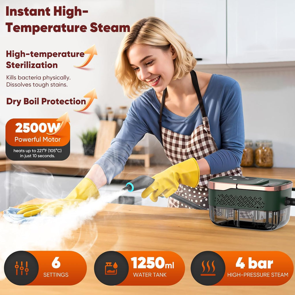 Skiennix Steam Cleaner - 2500W Handheld Grout Cleaner with 1.32QT Tank & 10 Attachments | Green/Gold