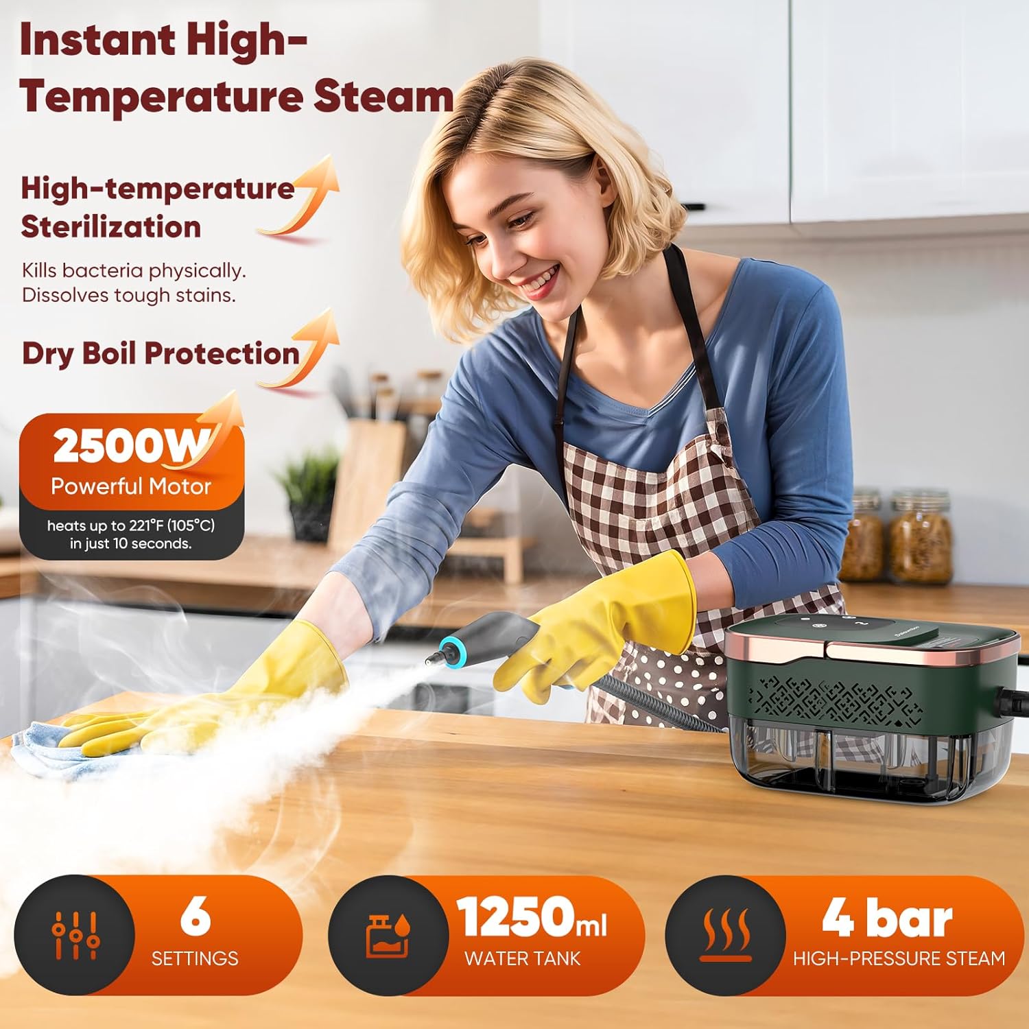 Skiennix Steam Cleaner - 2500W Handheld Grout Cleaner with 1.32QT Tank & 10 Attachments | Green/Gold