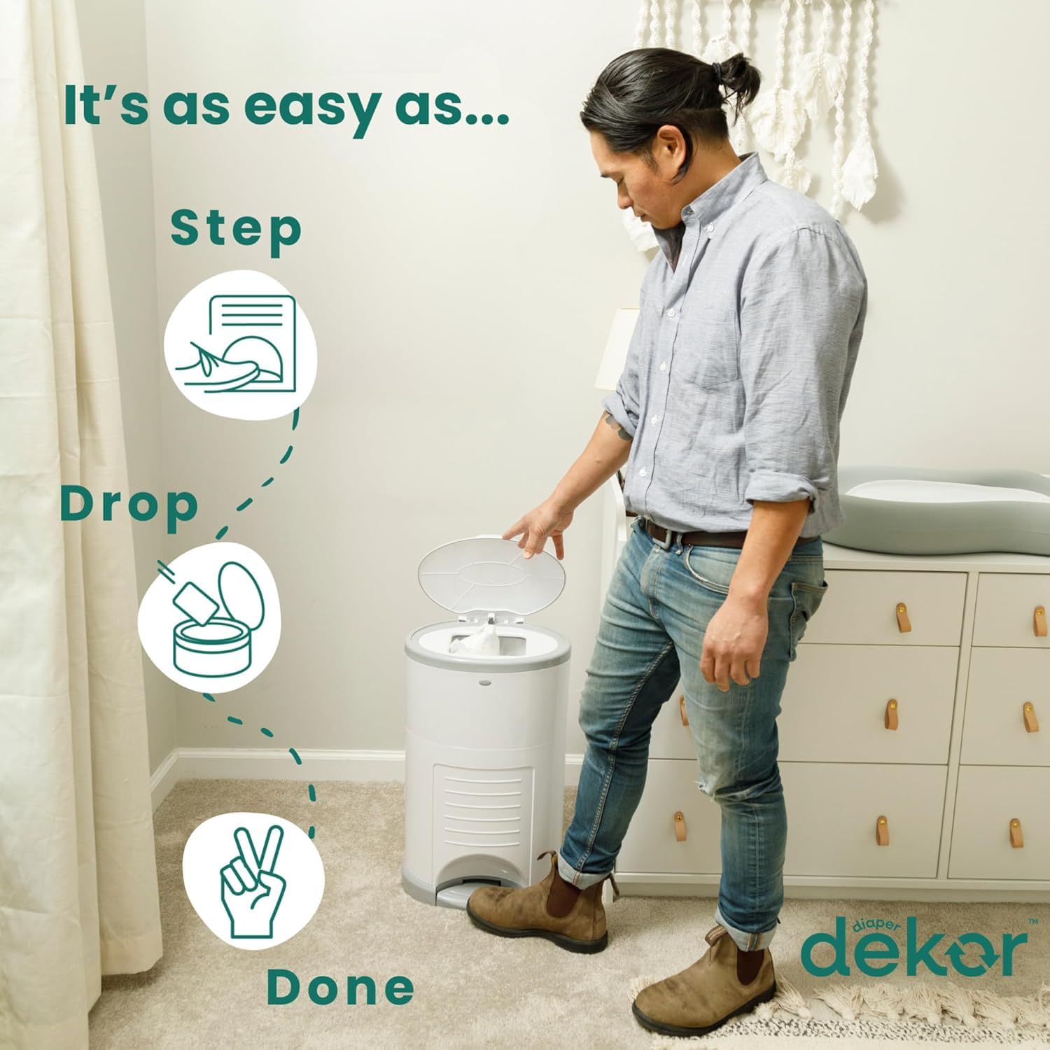 Diaper Dekor Classic Hands-Free Diaper Pail | EKO Gray | Easiest to Use | Just Step – Drop – Done | Doesn’t Absorb Odors | Most Economical Refill System | 70% Recycled Materials