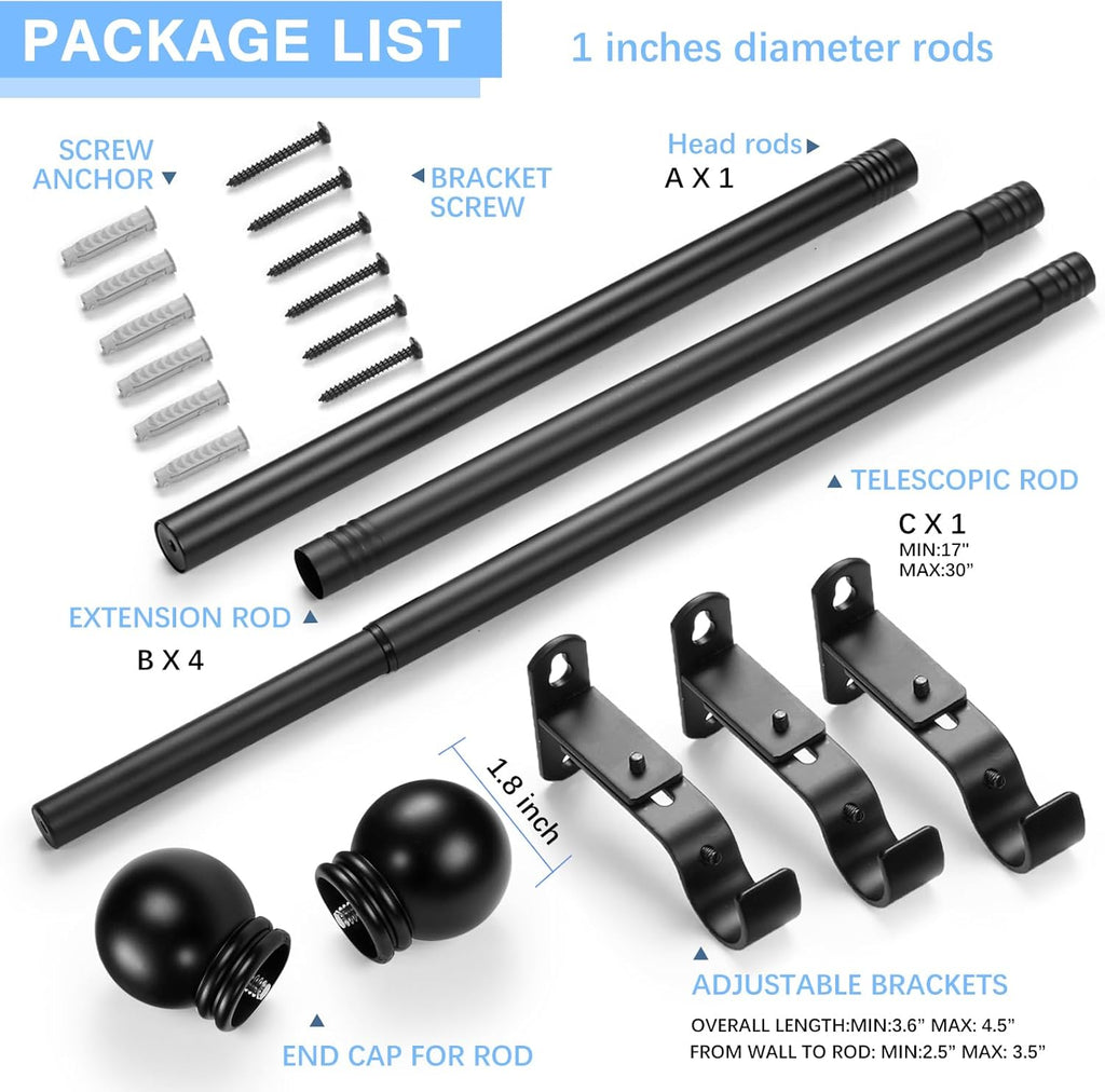 Skiennix Adjustable Curtain Rods - 16 to 92 Inches | Max Length 104 Inches, 1" Diameter, Black, Single Pack